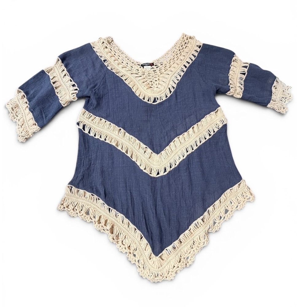 Vivid Importers NY Blue Cotton Gauze Crochet Fringe Tunic Top L Handkerchief Hem